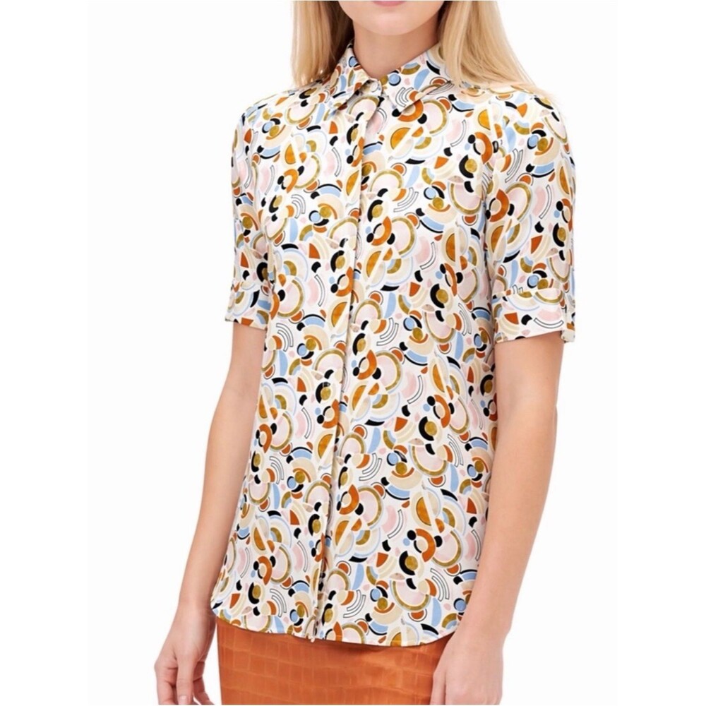 Lafayette 148 100% Silk Art Deco Geometric Print Short Sleeve Blouse M - Picture 3 of 13